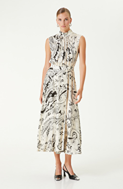 Siyah Bej Şal Desenli Midi Elbise