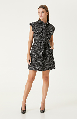 Siyah Beyaz Tweed Desenli Mini Elbise