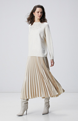 Kırık Beyaz Piliseli Maxi Etek 