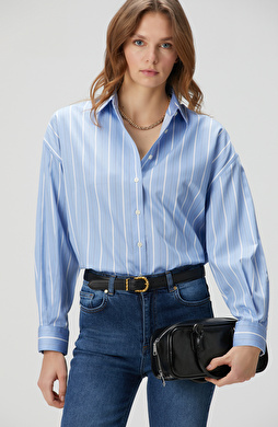 Non-Iron Mavi Beyaz Siyah Çizgili Gömlek