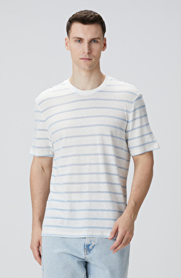 Kırık Beyaz Mavi Keten Karışımlı T-shirt Kırık Beyaz Mavi Keten Karışımlı T-shirt