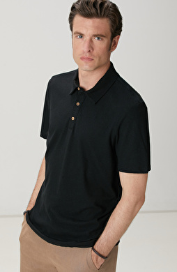 Siyah Keten Karışımlı T-shirt