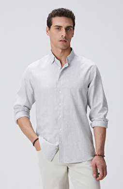 Gri Beyaz Çizgili Keten Karışımlı Gömlek