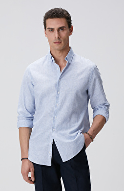 Mavi Beyaz Çizgili Keten Karışımlı Gömlek