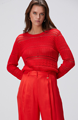 Kırmızı Örgü Detaylı Triko Kazak