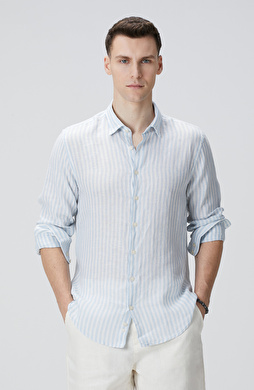 Mavi Beyaz Keten Gömlek