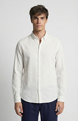 Beyaz Çizgi Desenli Keten Gömlek