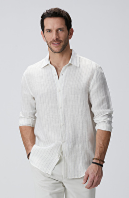 Beyaz Çizgi Desenli Keten Gömlek