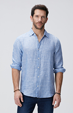 Mavi Çizgili Keten Gömlek Mavi Çizgili Keten Gömlek