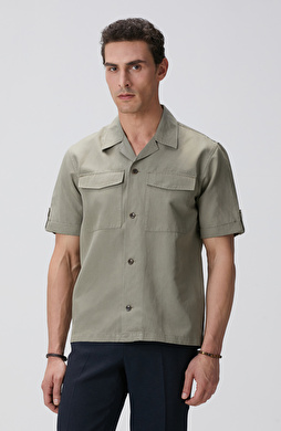Haki Keten Karışımlı Gömlek