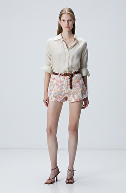 Bej Desenli Denim Şort