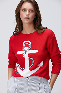 Kırmızı Çapa Desenli Kazak