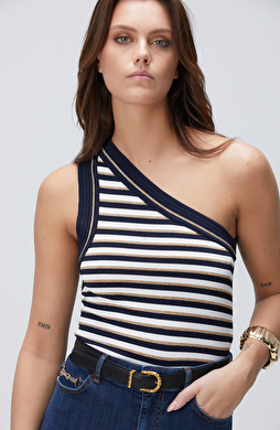 Beyaz Lacivert Tek Omuz Triko