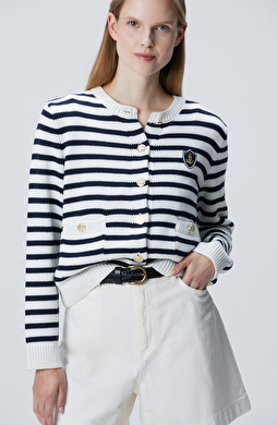 Lacivert Beyaz Çizgili Triko Ceket