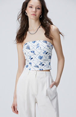 Kırık Beyaz Mavi Desenli Büstiyer