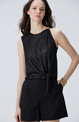 Siyah Varaklı Keten Karışımlı T-shirt