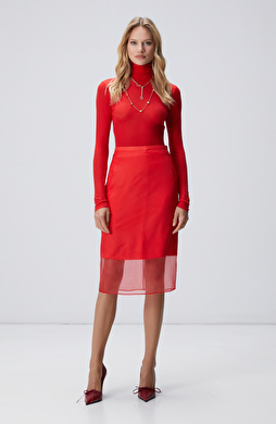 Kırmızı Midi Organze Etek Kırmızı Midi Organze Etek