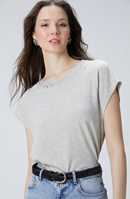 Gri Melanj Varak Baskılı T-shirt