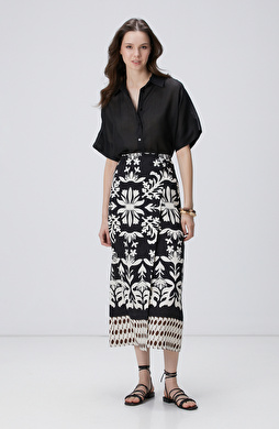 Siyah Beyaz Midi Keten Etek