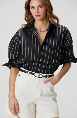 Siyah Beyaz Çizgili Keten Karışımlı Gömlek