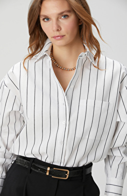 Beyaz Siyah Çizgili Keten Karışımlı Gömlek