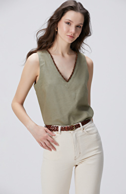 Haki Keten Karışımlı Bluz