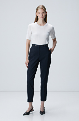 Lacivert Basic Dar Paça Beli Metal Aksesuarlı Pantolon