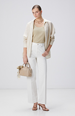 Kırık Beyaz Çizgili Denim Pantolon