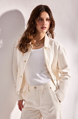 Kırık Beyaz Çizgili Denim Mont