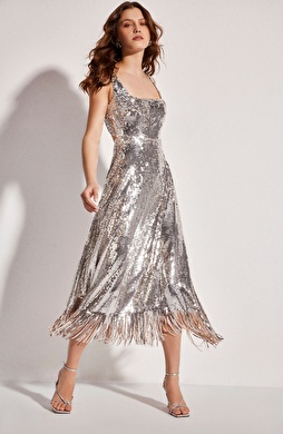 Silver Payetli Midi Abiye Elbise Silver Payetli Midi Abiye Elbise