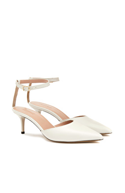 Krem Deri Topuklu Ayakkabı