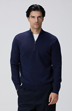 Lacivert Yakası Fermuarlı Triko Kazak