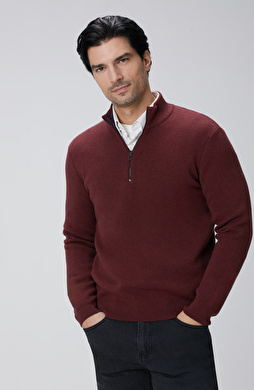 Bordo Yakası Fermuarlı Triko Kazak