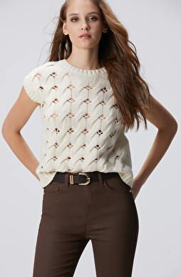 Kırık Beyaz Yün Karışımlı Saç Örgü Kazak Kırık Beyaz Yün Karışımlı Saç Örgü Kazak