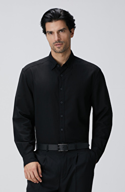 Siyah Yün Karışımlı Gömlek