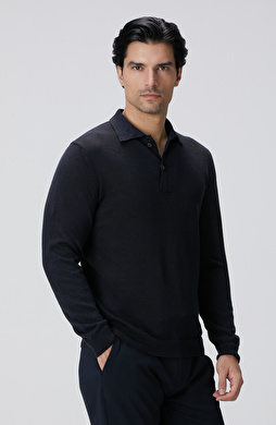 Lacivert Polo Yaka Keten Karışımlı Triko Kazak