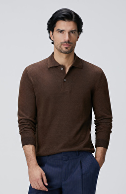 Kahverengi Polo Yaka Keten Karışımlı Triko Kazak