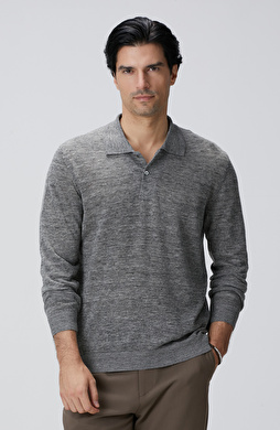 Gri Melanj Polo Yaka Keten Karışımlı Triko Kazak