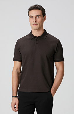 Kahverengi Polo Yaka Düğmeli Jakarlı T-shirt