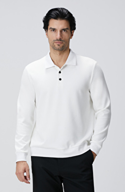 Kırık Beyaz Polo Yaka Çıtçıtlı Sweatshirt