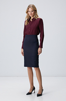 Lacivert Yün Karışımlı Midi Kalem Etek