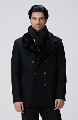 Siyah Kruvaze Yakası Kürklü Gemici Kaban