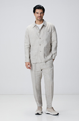 Bej Keten Comfort Fit Pantolon