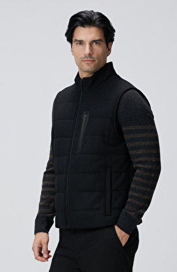 Siyah Yün Karışımlı Flanel Dik Yaka Casual Yelek Siyah Yün Karışımlı Flanel Dik Yaka Casual Yelek