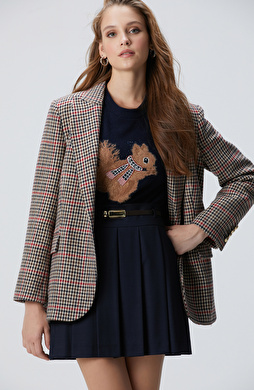 Lacivert Kahverengi Kazayağı Yün Karışımlı Ceket