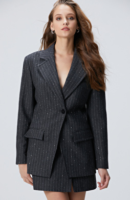 Koyu Gri Melanj Çizgili Yün Karışımlı Ceket