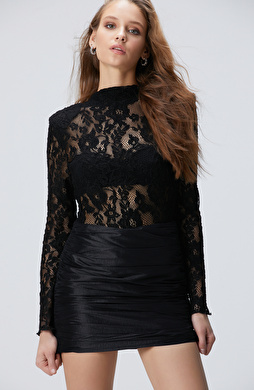 Siyah Güpür Bodysuit Örme Bluz