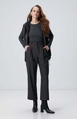Koyu Gri Pileli Yüksek Bel Pantolon