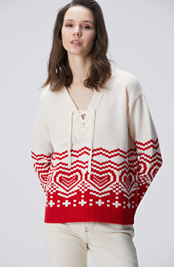 Kırık Beyaz Desenli Yün Karışımlı Triko Kazak