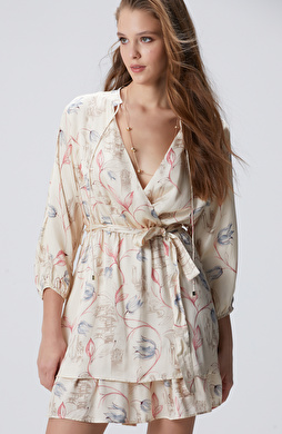 Açık Bej Desenli Mini Elbise